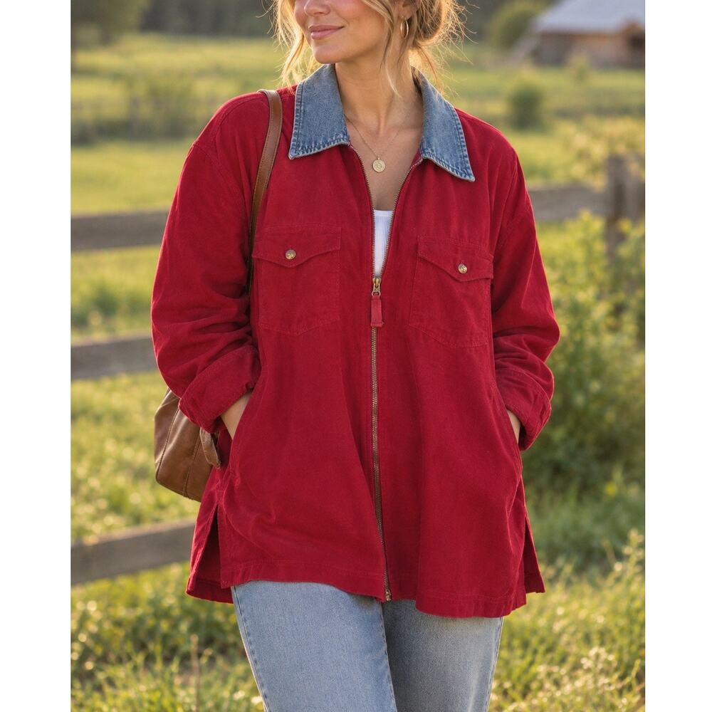 Vintage Corduroy Zip Up Shirt Shacket 90s Red Women Large Preppy Academia Cotton
